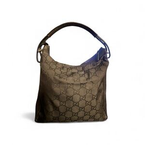 GUCCI GG Monogram Black Shoulder Bag Handbag Nylon Leather Trim Medium Zip Logo